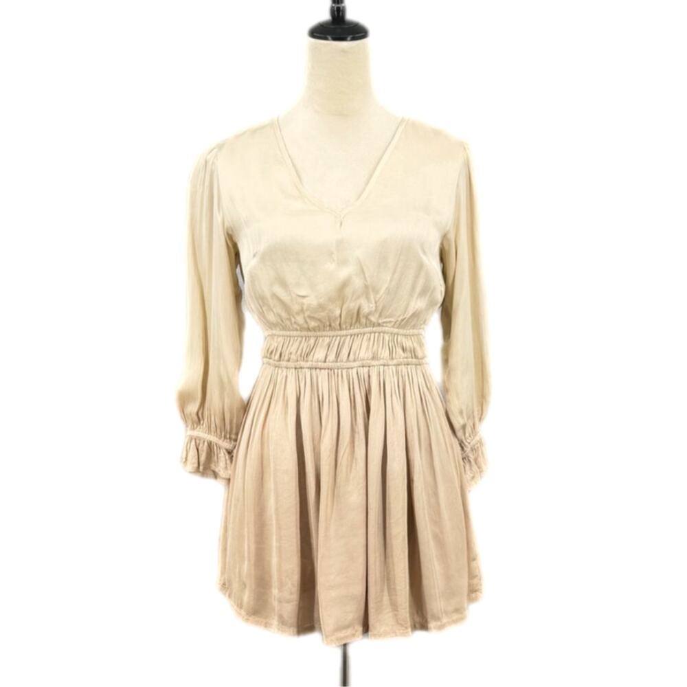 Beau & Ro NWT Marie Beige Ombre Satin V-neck Ruched Long Sleeve Mini Dress